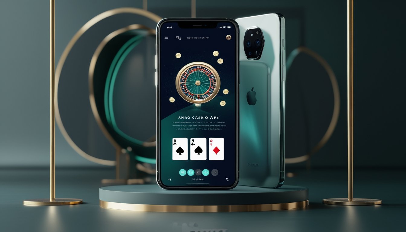 Dua ponsel pintar menampilkan antarmuka permainan kasino digital dengan kartu, roda roulette, dan keping poker.