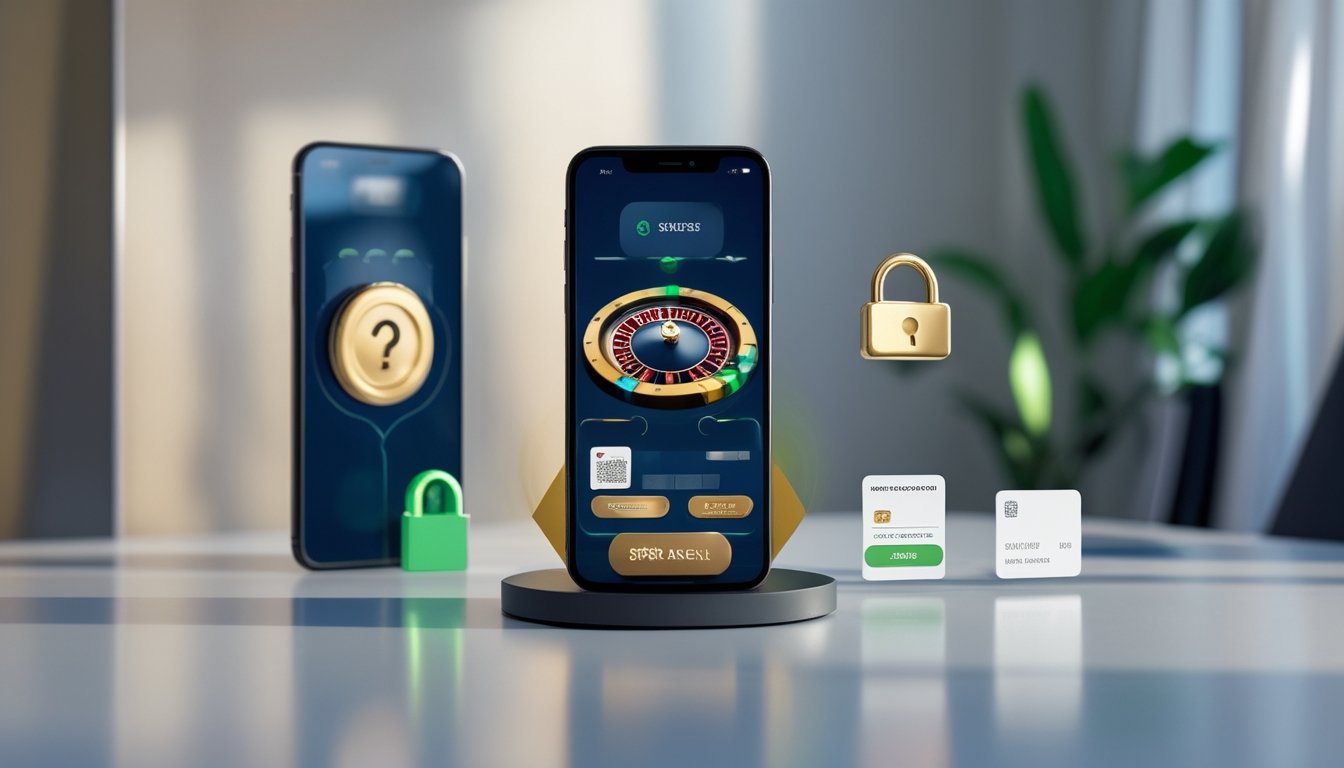 Dua ponsel pintar menampilkan antarmuka kasino digital dengan simbol keamanan dan verifikasi di atas meja modern.