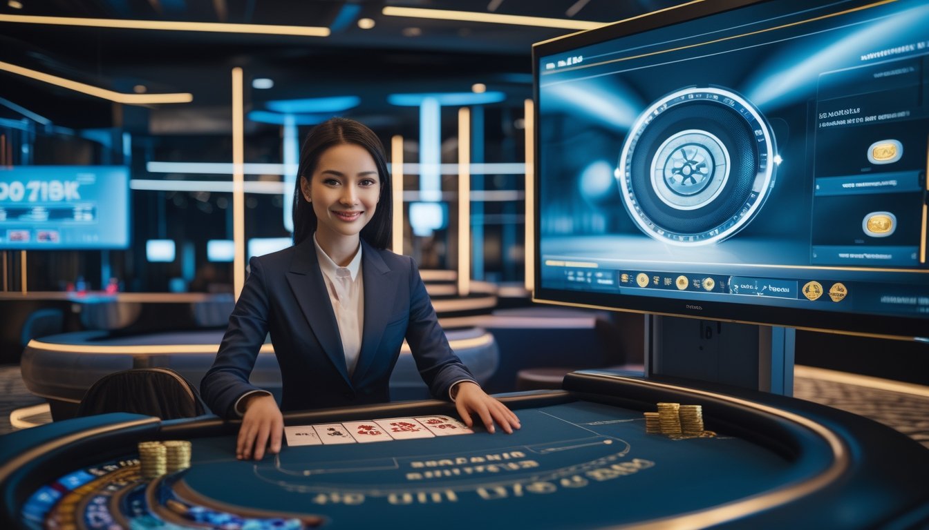 Dealer kasino memandu permainan langsung di studio modern dengan meja permainan dan kamera siaran.
