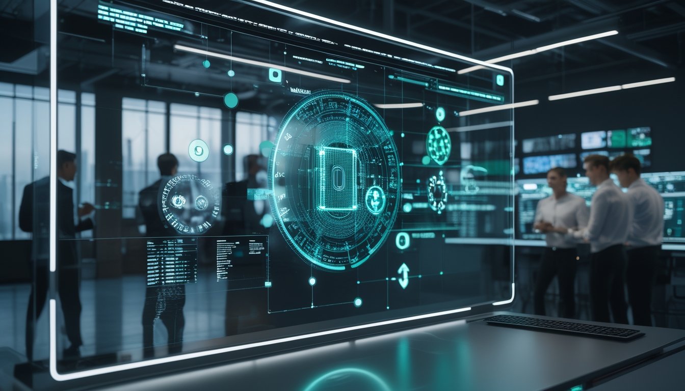 Sekelompok profesional menganalisis jaringan blockchain dan elemen kasino digital pada antarmuka holografik di ruang kerja modern.