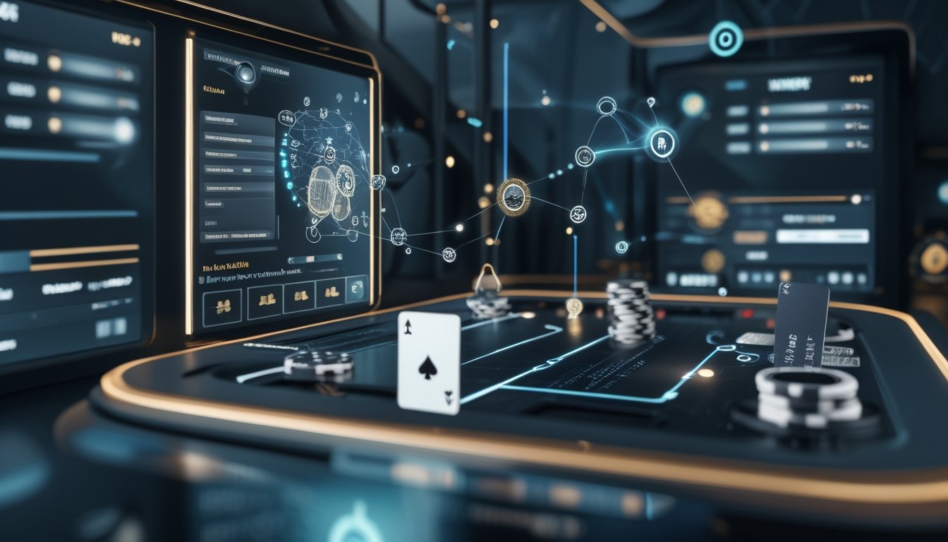 Visualisasi teknologi blockchain yang mengamankan operasional kasino digital dengan jaringan data dan elemen permainan kasino.