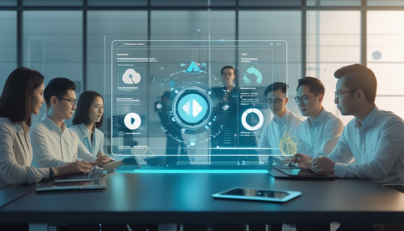Sekelompok orang dewasa Indonesia menganalisis data digital bersama di ruang kerja modern.