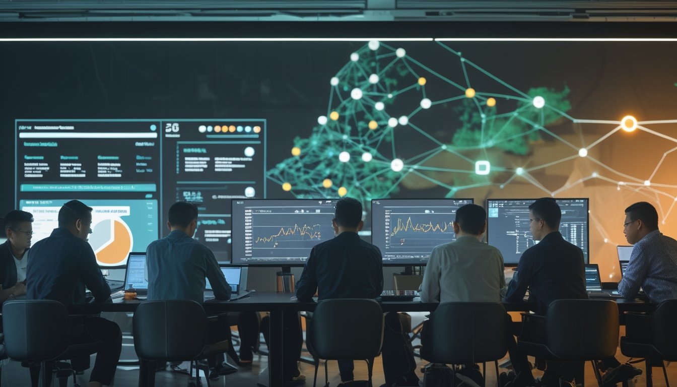 Sekelompok orang Indonesia menganalisis data digital secara kolaboratif di ruang kerja modern.