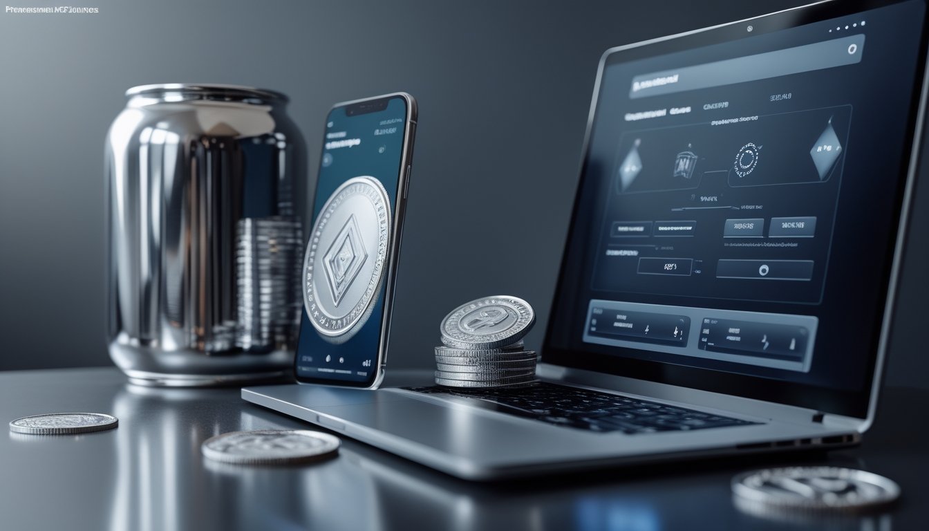 Perangkat digital dengan tampilan antarmuka abstrak dan aksen token perak di atas meja modern.