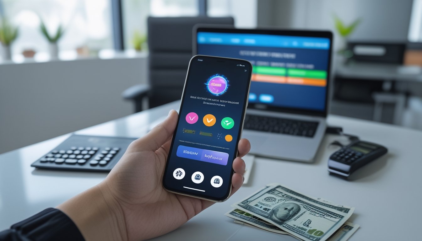 Seseorang menggunakan ponsel untuk melakukan pembayaran digital di meja kerja modern.