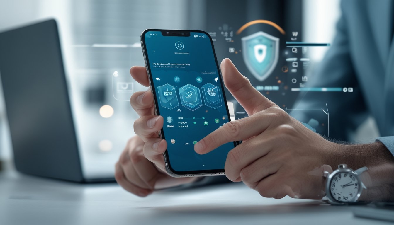 Orang dewasa menggunakan ponsel dengan antarmuka digital modern di ruang kerja.