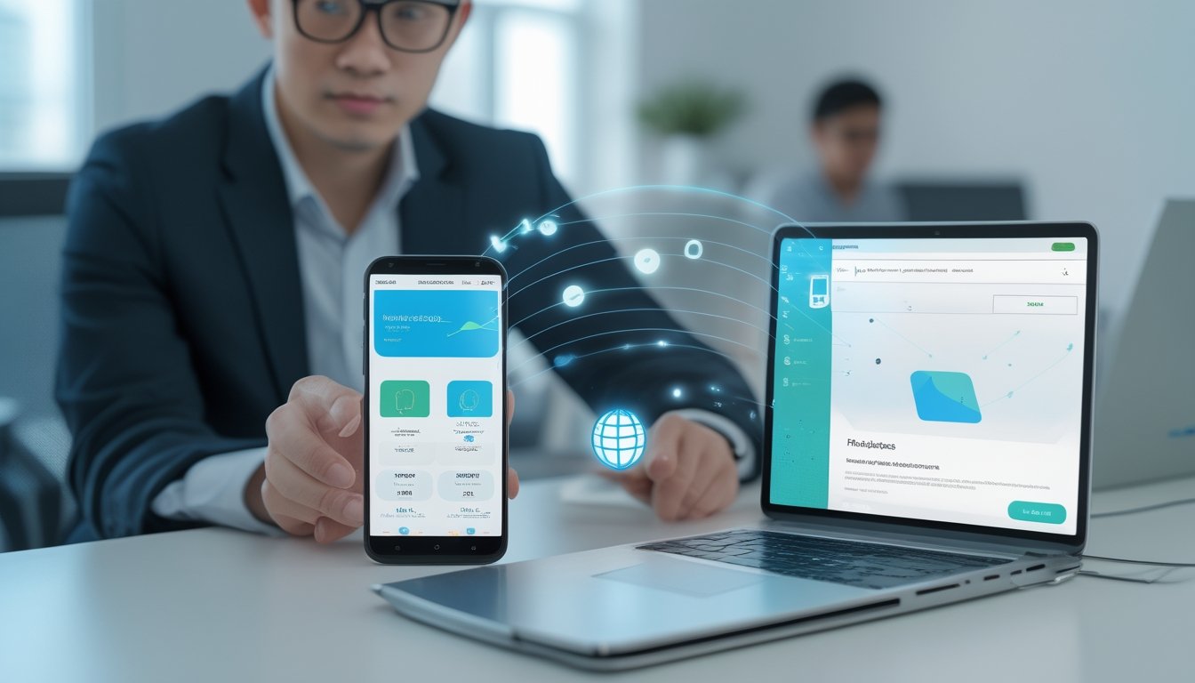 Seseorang menggunakan ponsel dengan tampilan antarmuka abstrak di samping tablet dan laptop dalam ruang kerja modern.