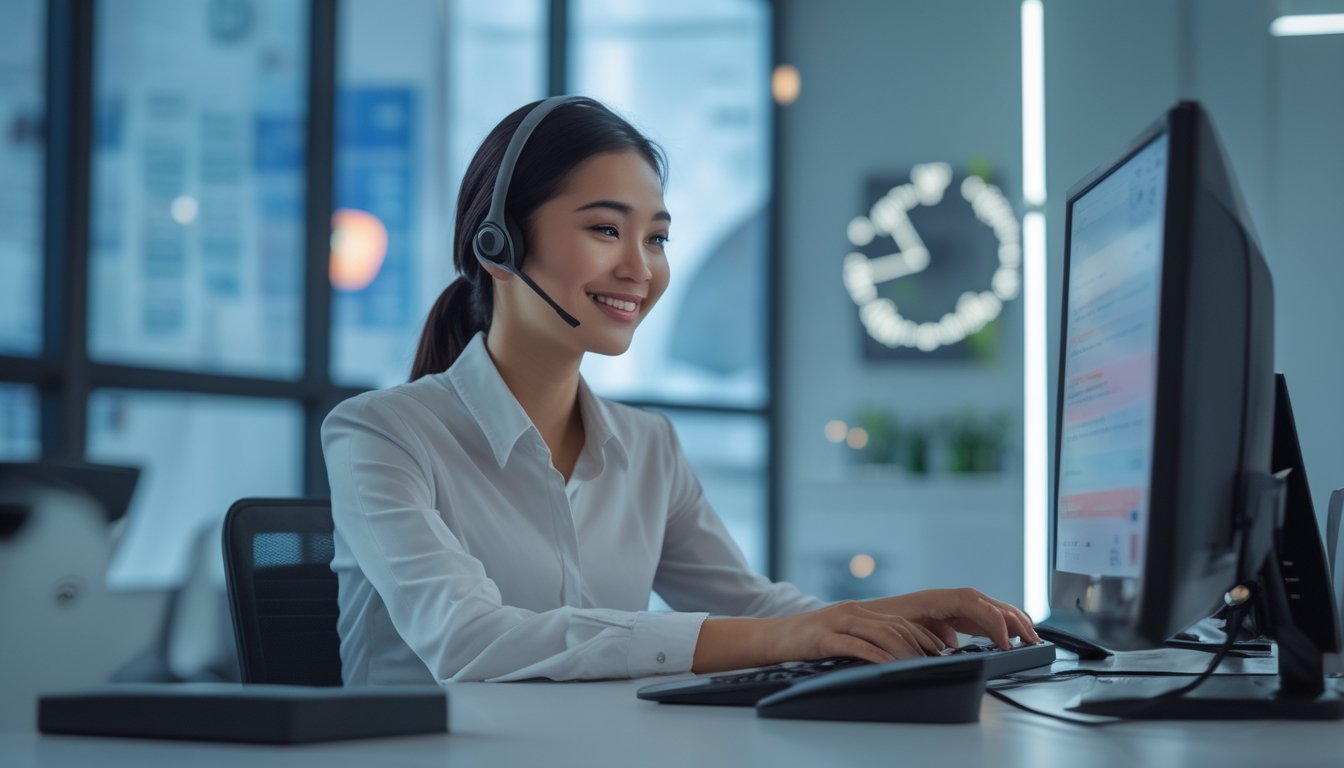 Petugas layanan pelanggan mengenakan headset sedang membantu pengguna melalui komputer di kantor modern.