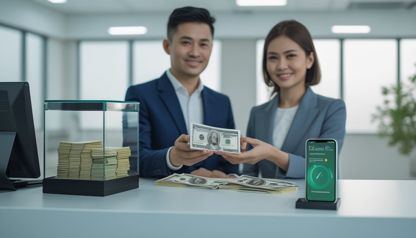 Seorang pelanggan menerima hadiah uang tunai dari perwakilan layanan keuangan di kantor modern.