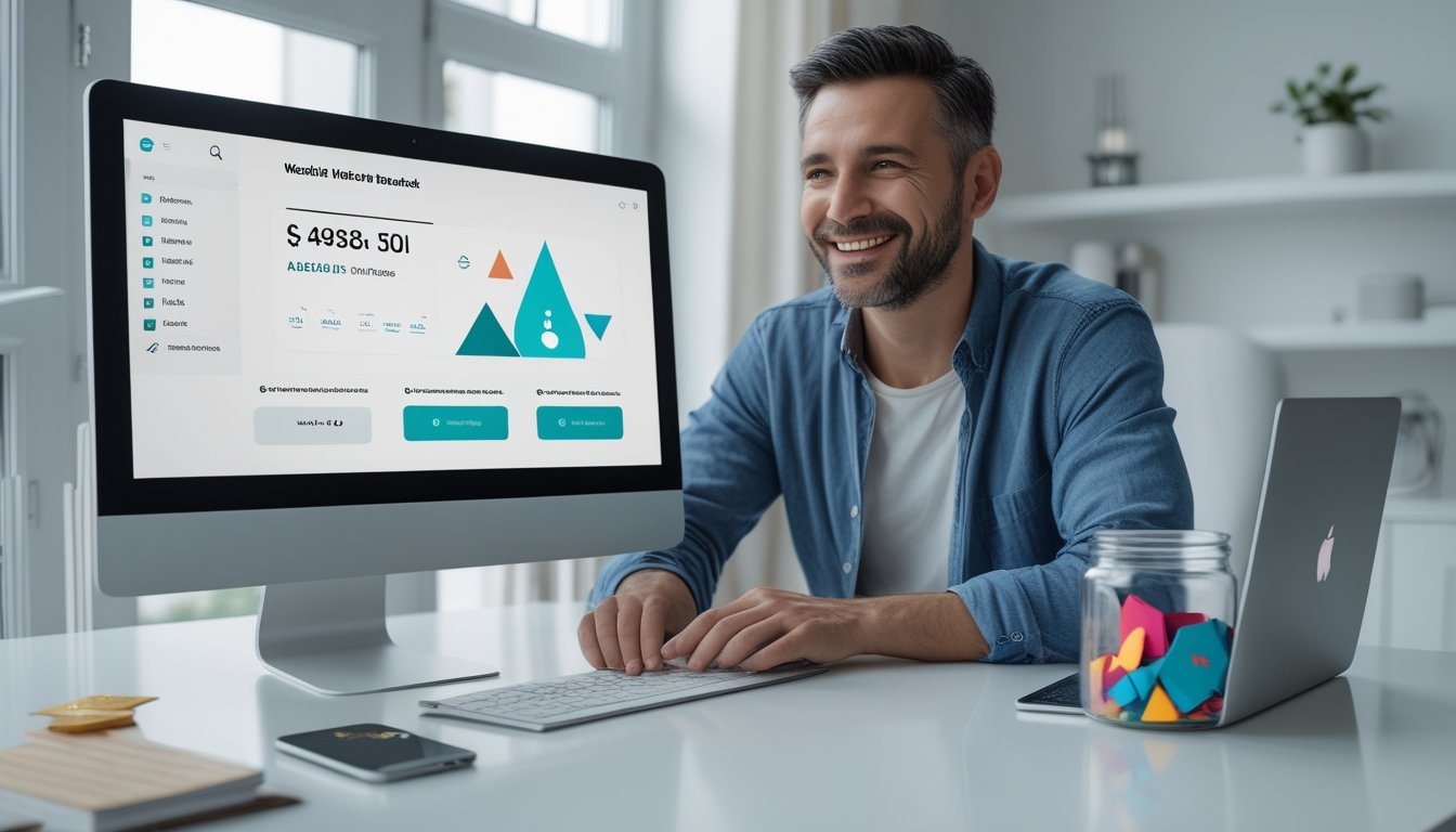 Seseorang melihat dasbor penghargaan digital di laptop dengan notifikasi saldo pada ponsel.