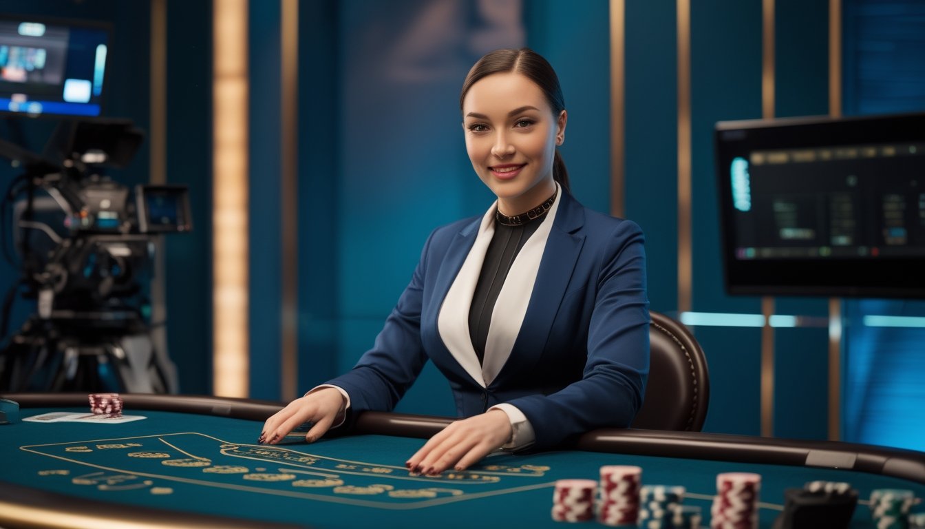 Dealer kasino profesional sedang menyajikan permainan kartu di meja kasino modern.