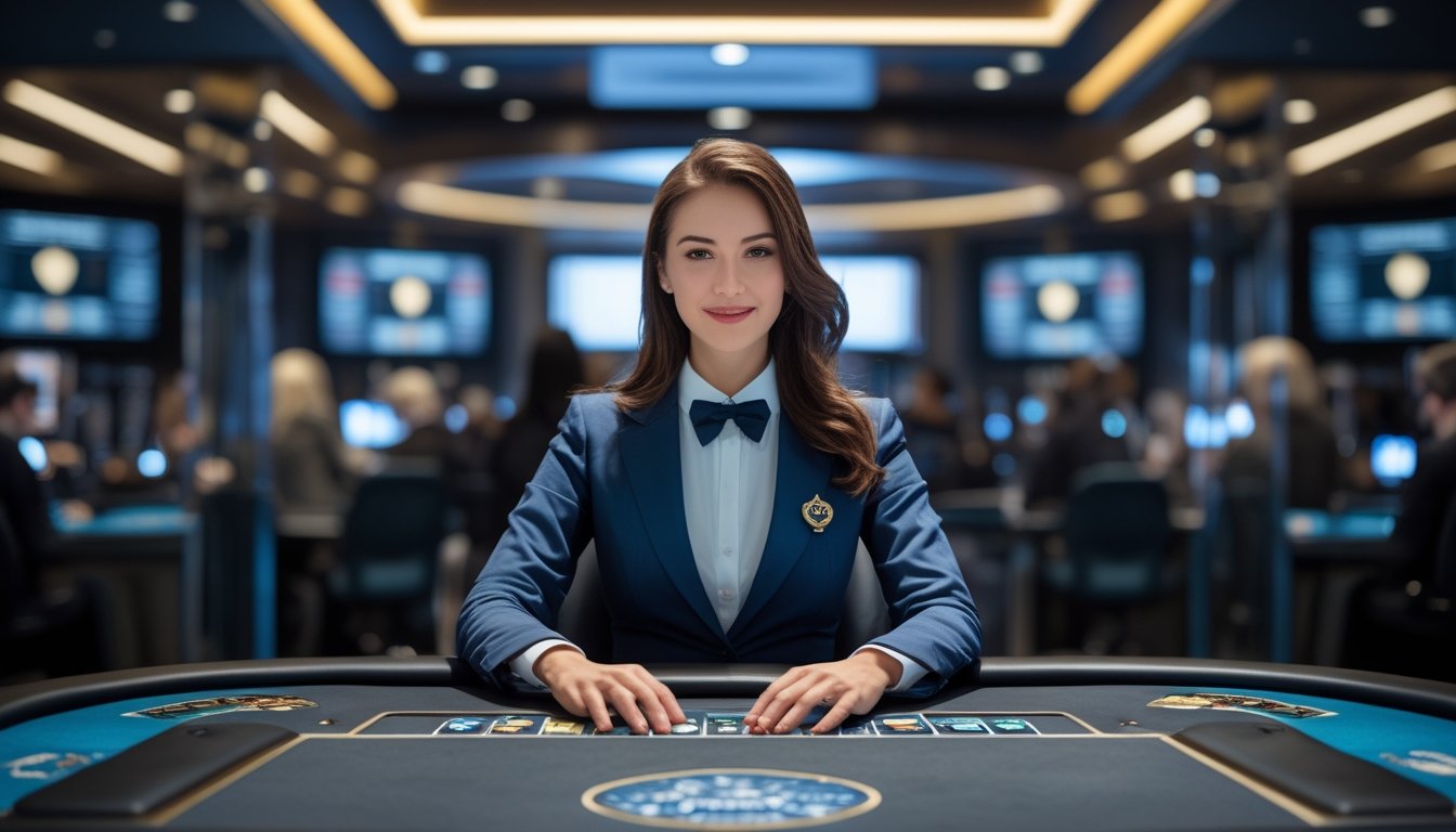 Dealer kasino profesional berada di studio permainan langsung yang modern dan aman.