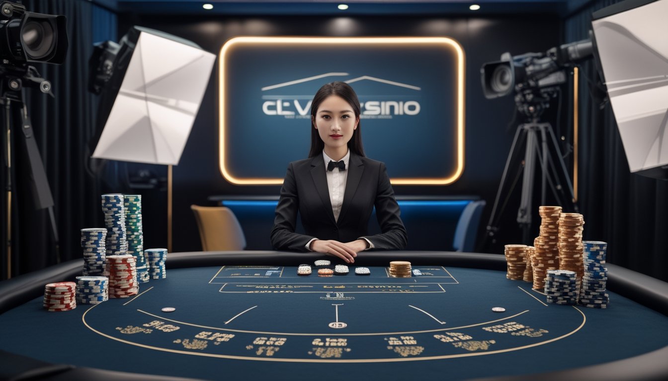 Dealer memandu permainan baccarat langsung di studio kasino modern dengan meja, kartu, dan chip.