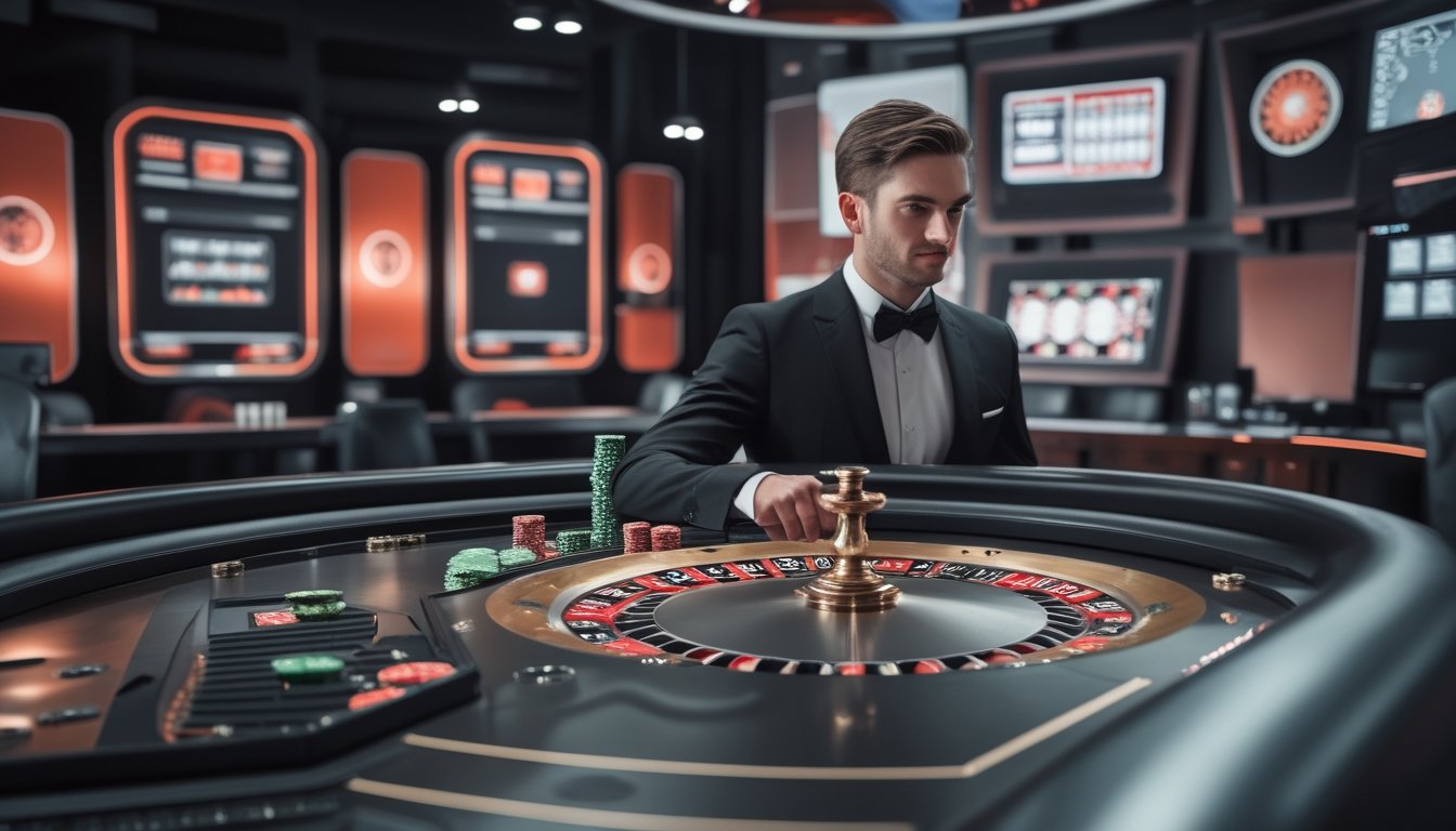 Studio kasino live modern dengan meja permainan, roda roulette, kartu baccarat, keping kasino, dan peralatan siaran.