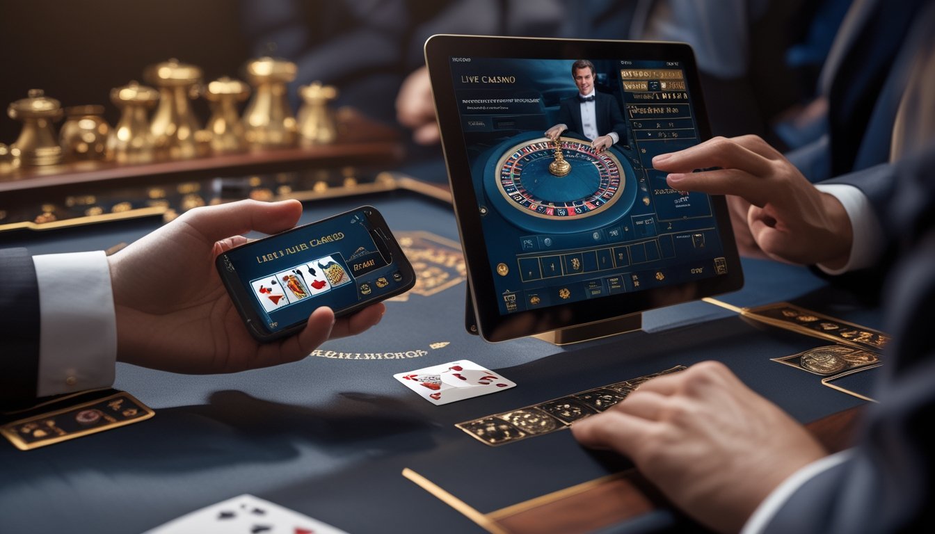 Seseorang menggunakan ponsel dan tablet untuk menikmati permainan kasino live dengan roda roulette dan kartu.