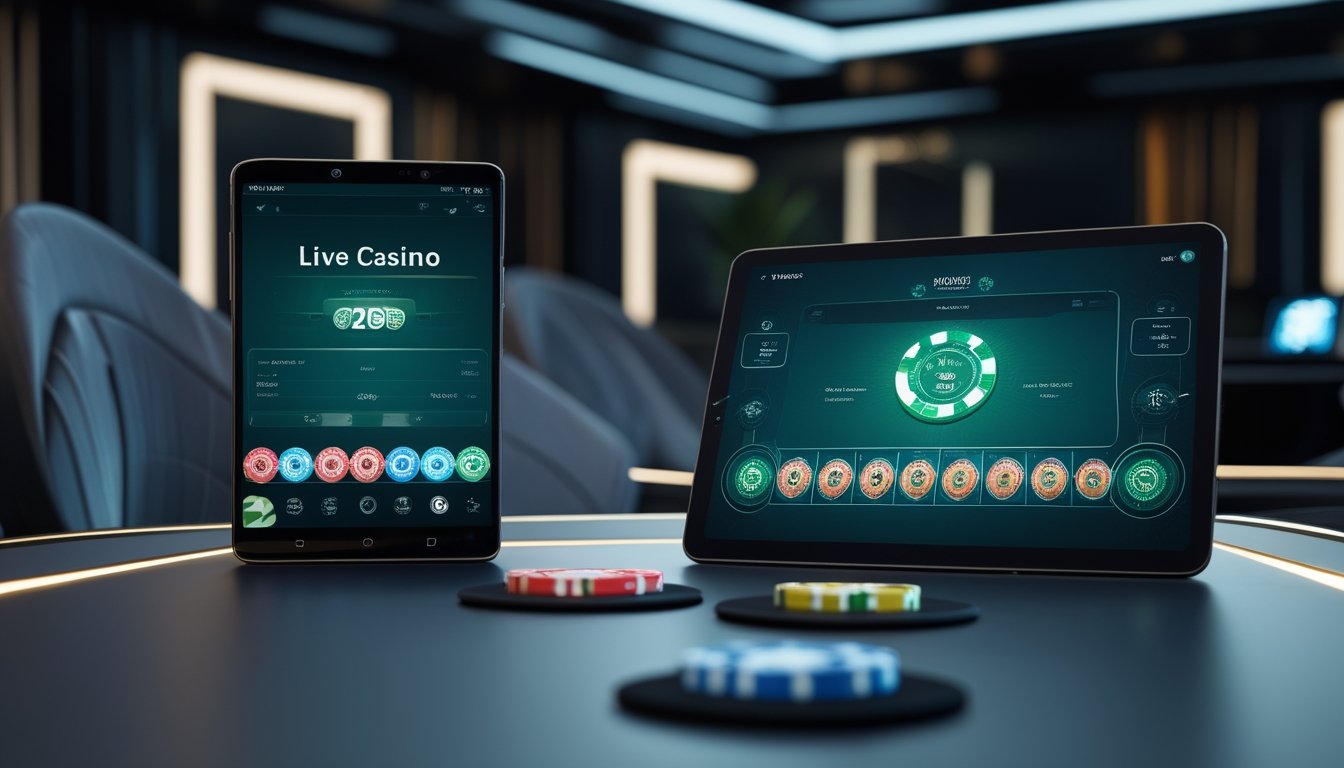Dua ponsel dan satu tablet menampilkan suasana kasino live dengan latar lounge modern.