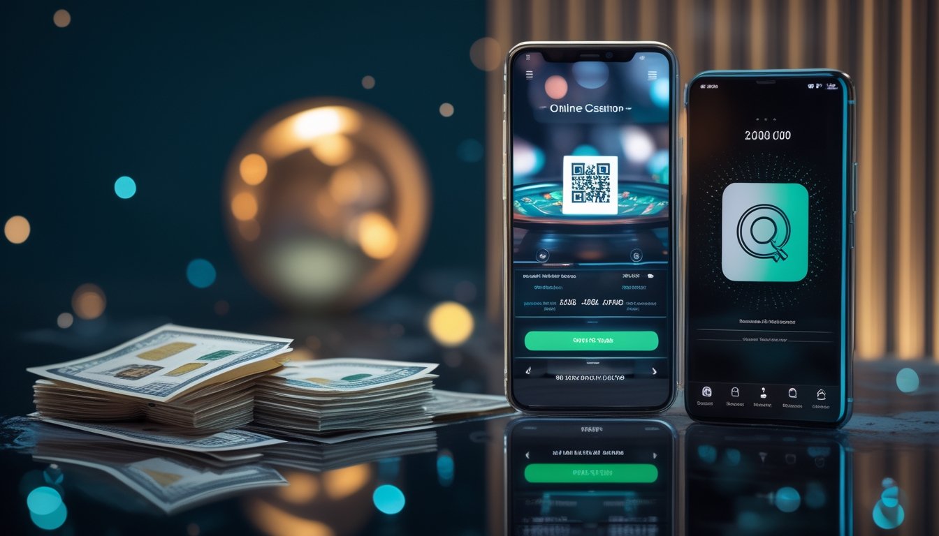 Dua ponsel menampilkan konsep kasino digital dan pembayaran QR di samping uang rupiah.