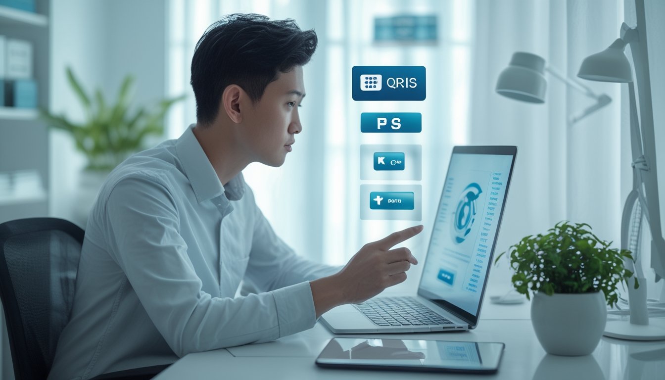 Pengguna memeriksa pilihan platform pembayaran digital yang aman di laptop dan ponsel.