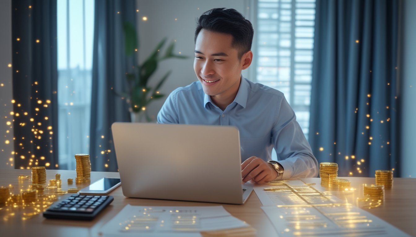 Seseorang meninjau informasi bonus kasino daring di laptop dalam ruang kerja modern.