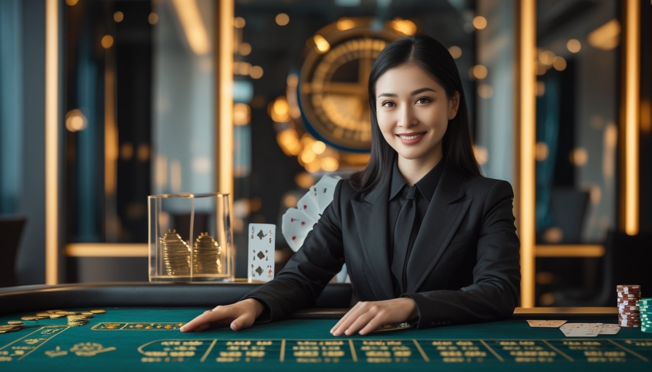 Dealer kasino menyambut pemain di meja permainan dengan chip, kartu, dan roda roulette.