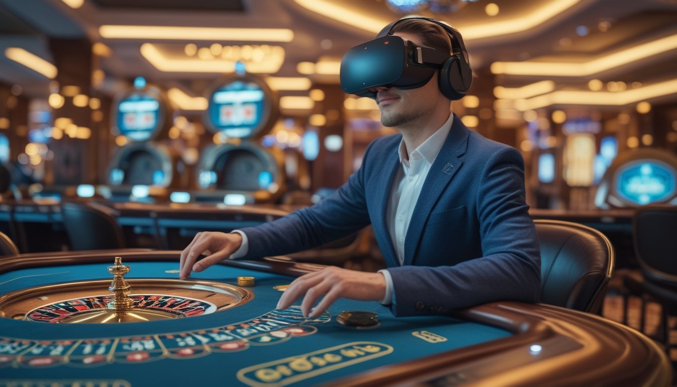 Seseorang mengenakan headset realitas virtual dan bermain di lingkungan kasino futuristis bernuansa Las Vegas.