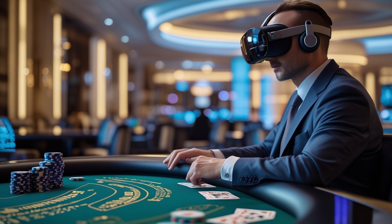 Pemain dewasa mengenakan headset realitas virtual di meja blackjack dalam kasino mewah bergaya Las Vegas.