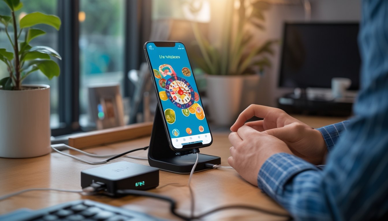 Seseorang menyiapkan ponsel lama, pengisi daya, dan router Wi-Fi untuk streaming langsung.