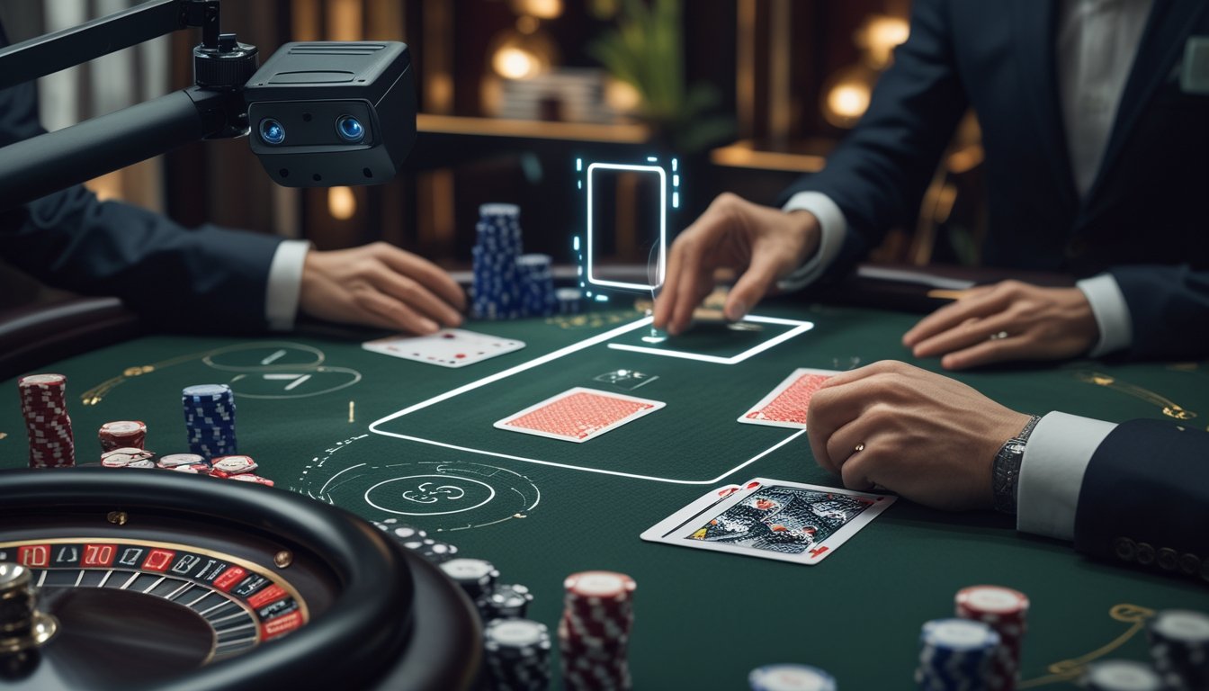 Meja kasino live dengan kartu, chip, dealer, dan perangkat kamera yang memindai permainan menggunakan teknologi pengenalan visual.