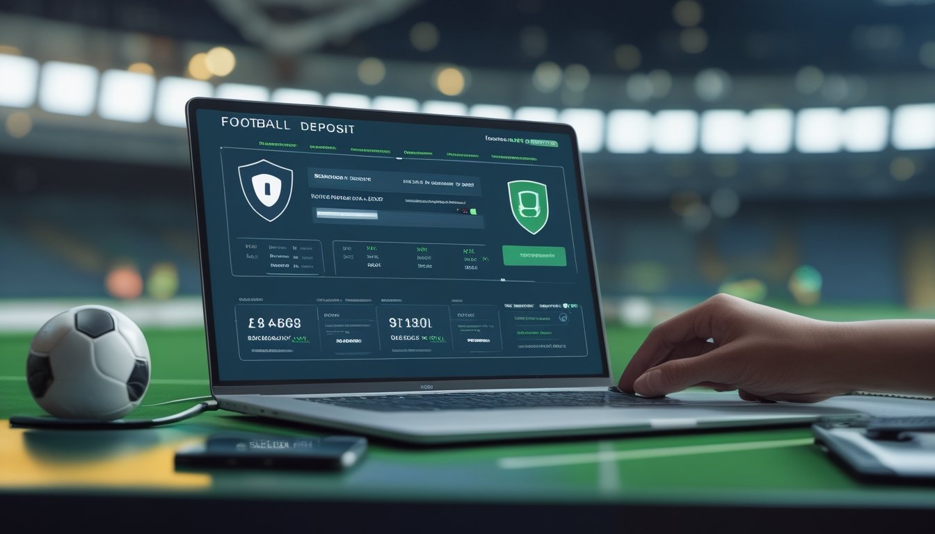 Laptop dan ponsel menampilkan platform sepak bola digital dengan simbol keamanan dan elemen pembayaran elektronik.