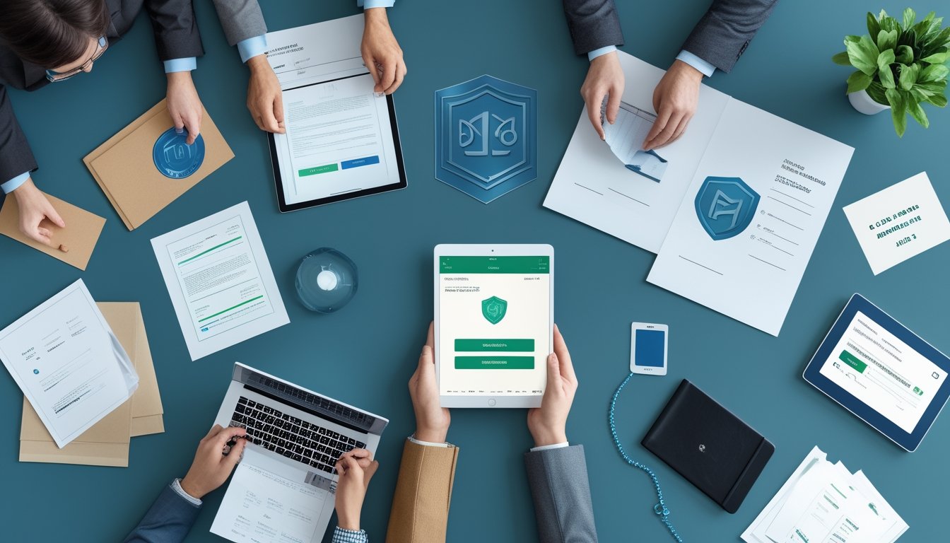 Profesional dewasa memeriksa dokumen kepatuhan dan pembayaran digital di kantor modern.