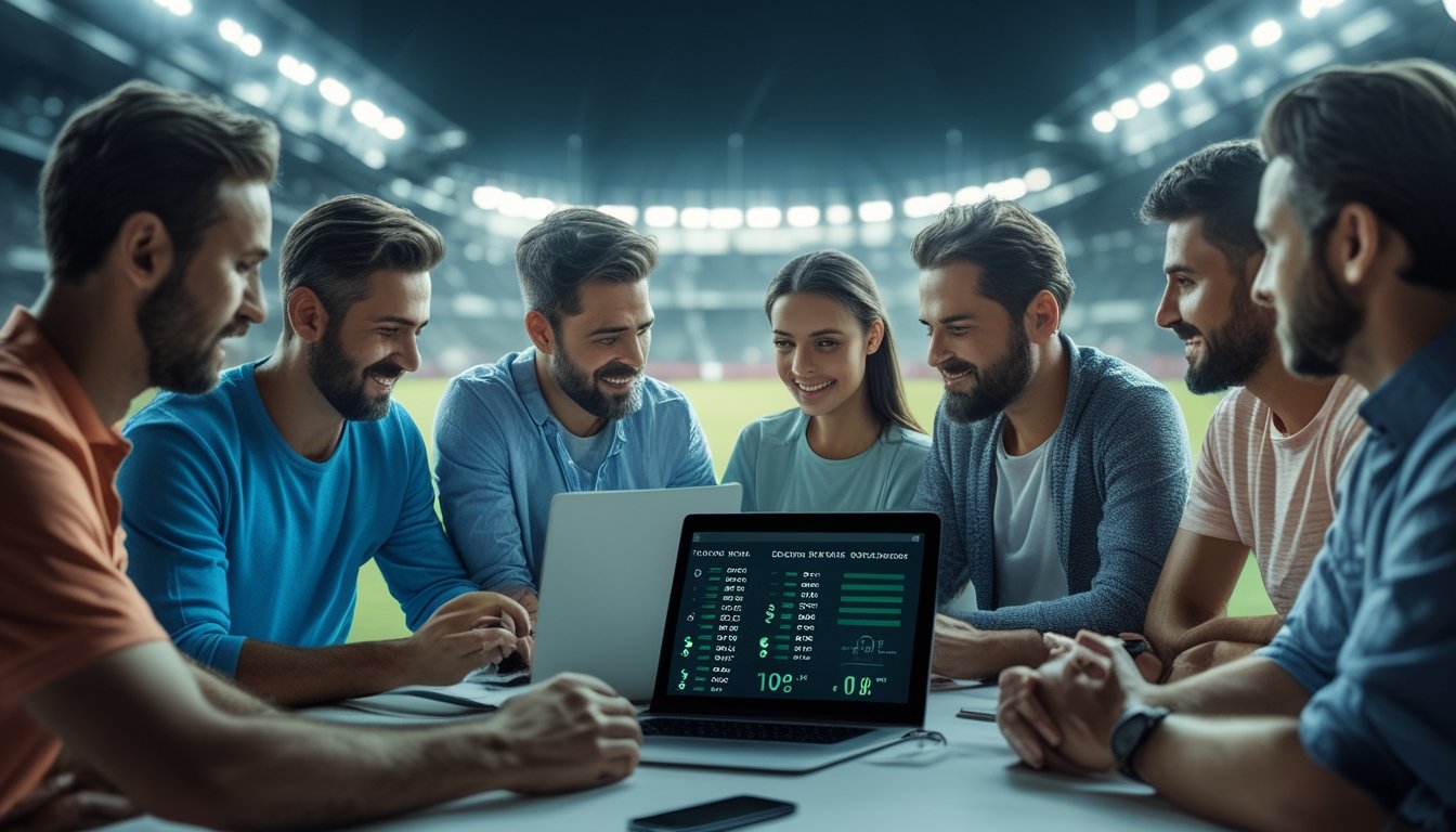Sekelompok penggemar olahraga dewasa membandingkan penawaran layanan taruhan olahraga melalui laptop dan ponsel di dekat stadion.