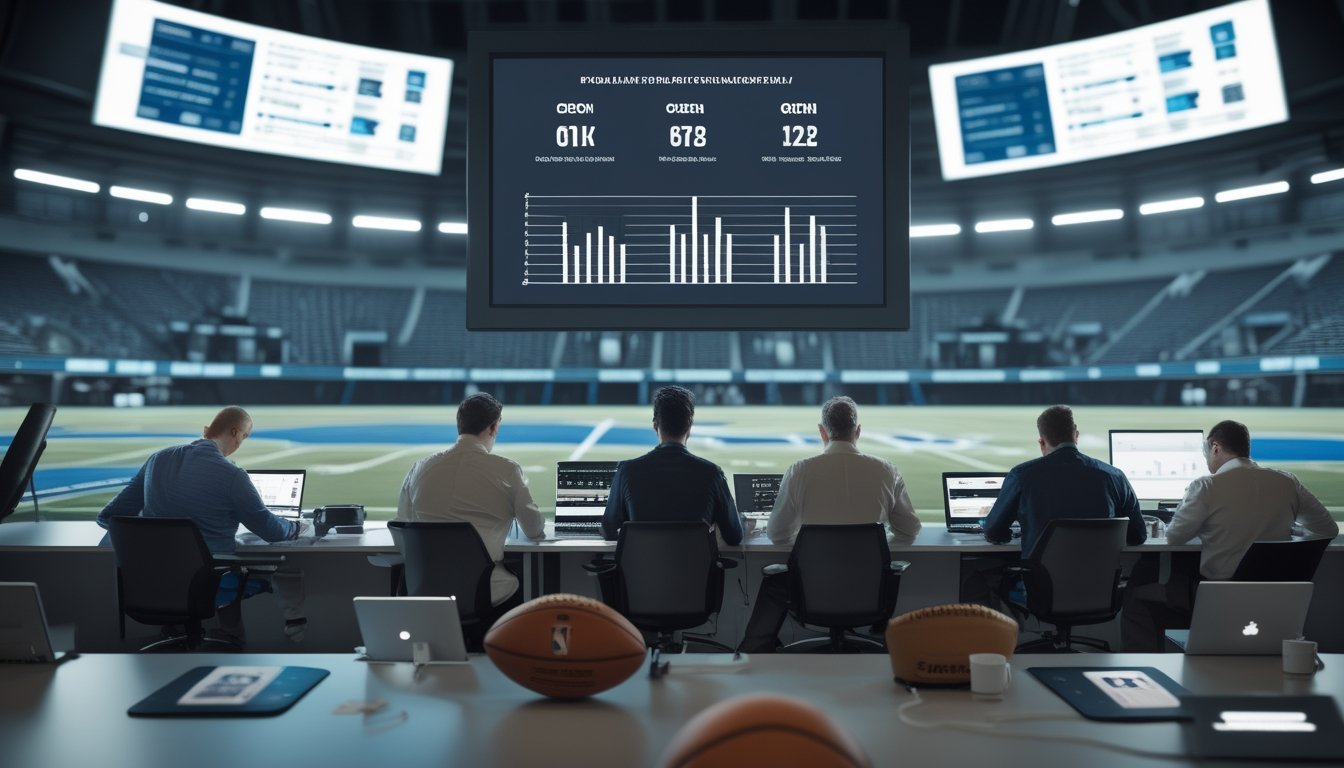 Sekelompok orang dewasa menganalisis pertandingan basket dan sepak bola di ruang kerja modern dengan bola serta layar statistik.