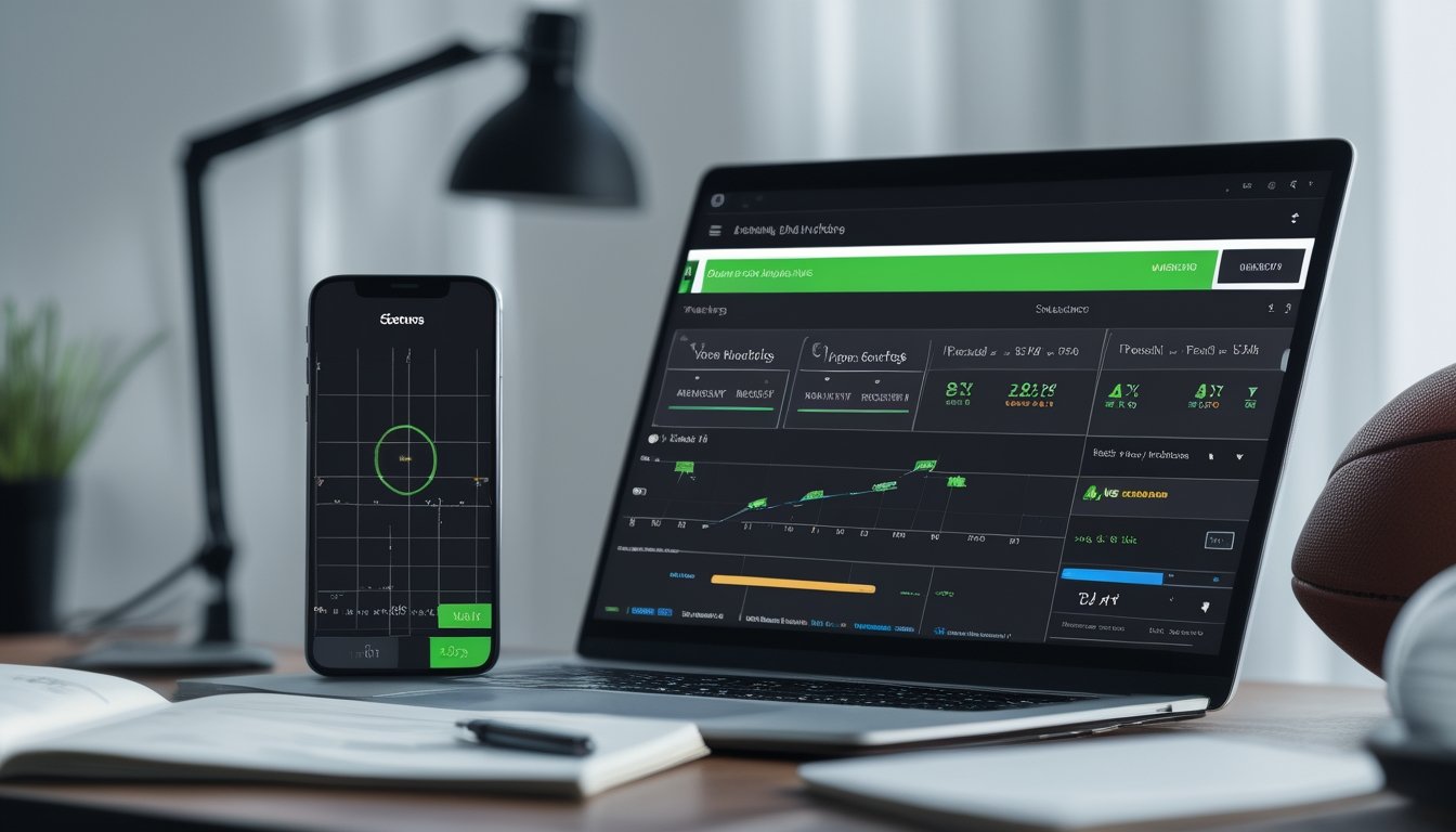 Meja analisis sepak bola dengan laptop, ponsel, catatan strategi tendangan sudut, dan bola.