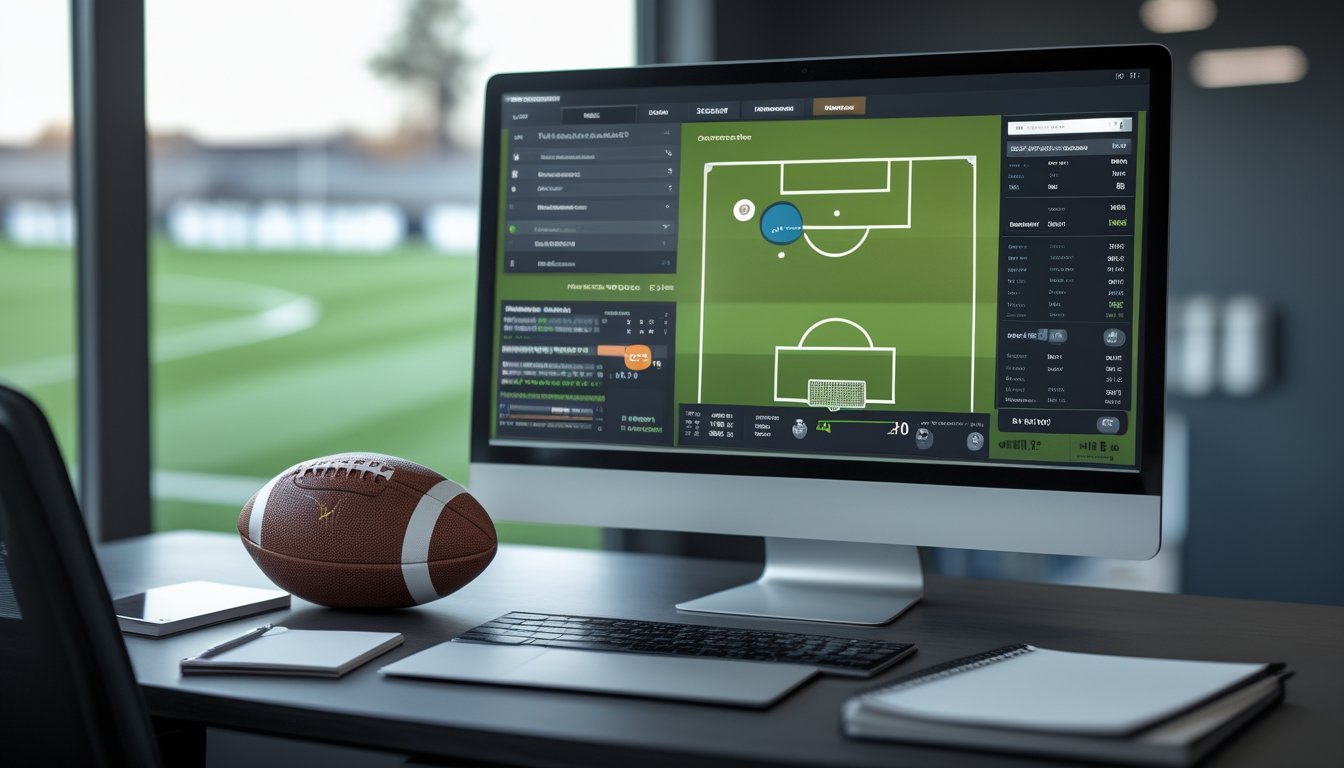 Meja analisis sepak bola dengan layar yang menampilkan statistik tendangan sudut dan ilustrasi lapangan.