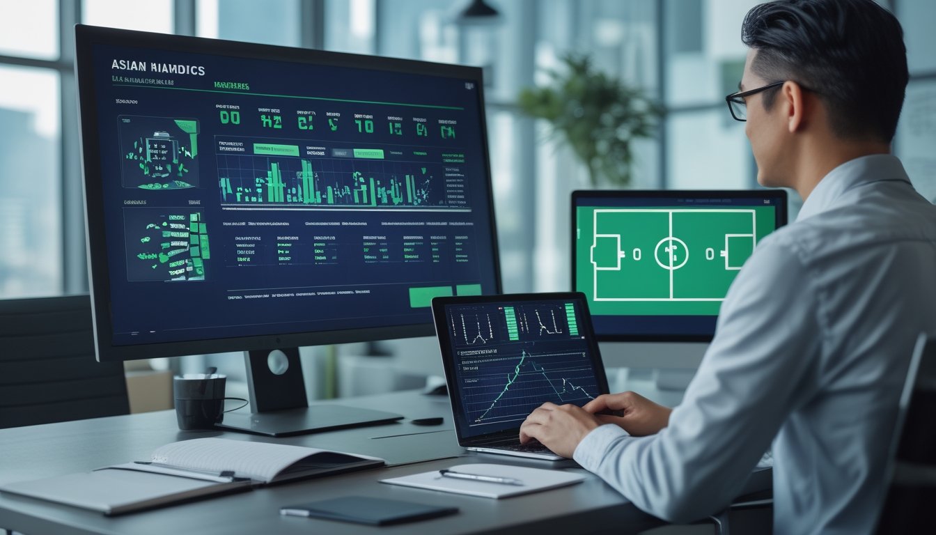 Meja kerja modern dengan layar yang menampilkan analisis pertandingan sepak bola dan indikator handicap.