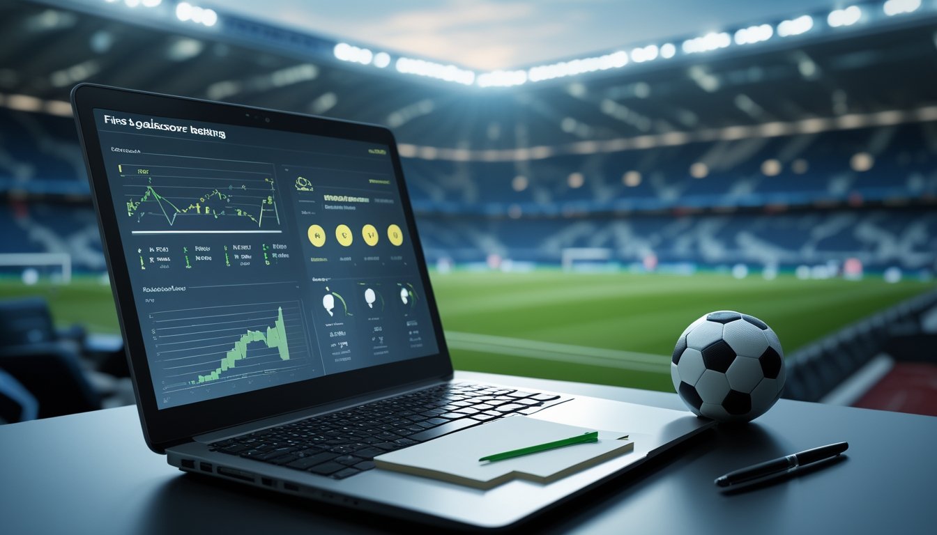 Meja analis olahraga dengan laptop berisi grafik pertandingan sepak bola, bola, dan stadion yang terang di latar belakang.
