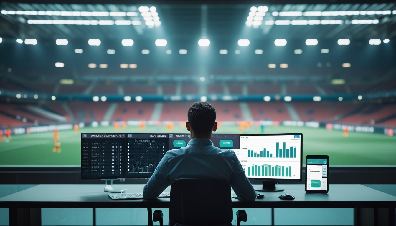 Analis olahraga menganalisis data pemain di stadion sepak bola sebelum pertandingan.