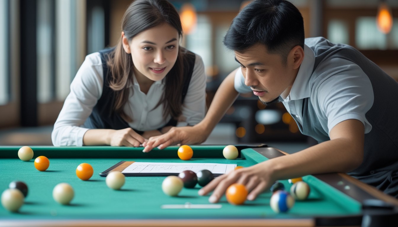 Pemula mempelajari cara membaca keunggulan awal permainan bola kecil di meja biliar bersama instruktur.