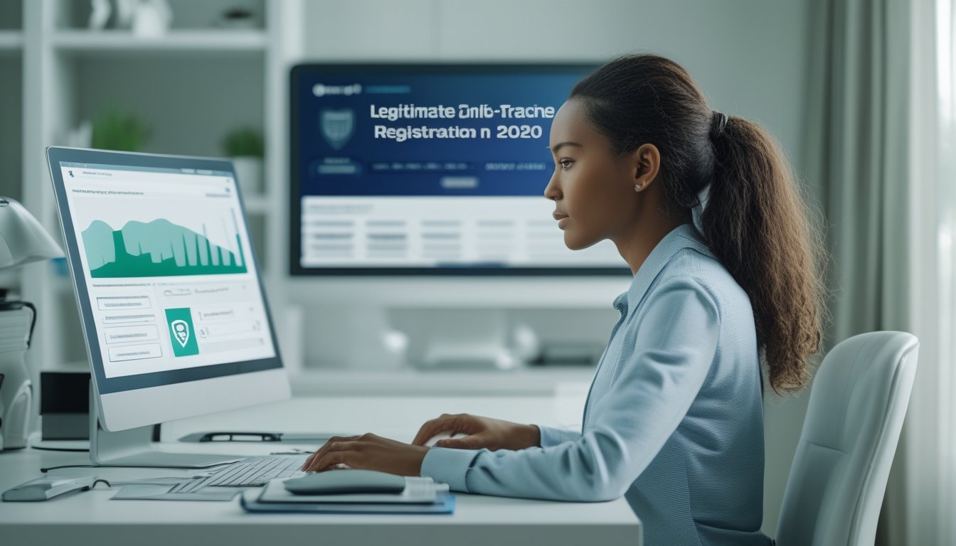 Seseorang menggunakan laptop untuk mengakses layanan balap kuda online dengan latar arena pacuan kuda.