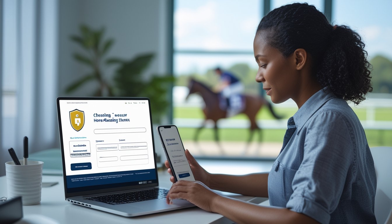 Orang dewasa memeriksa platform balap kuda online yang aman di laptop dengan simbol perlindungan di meja kerja.