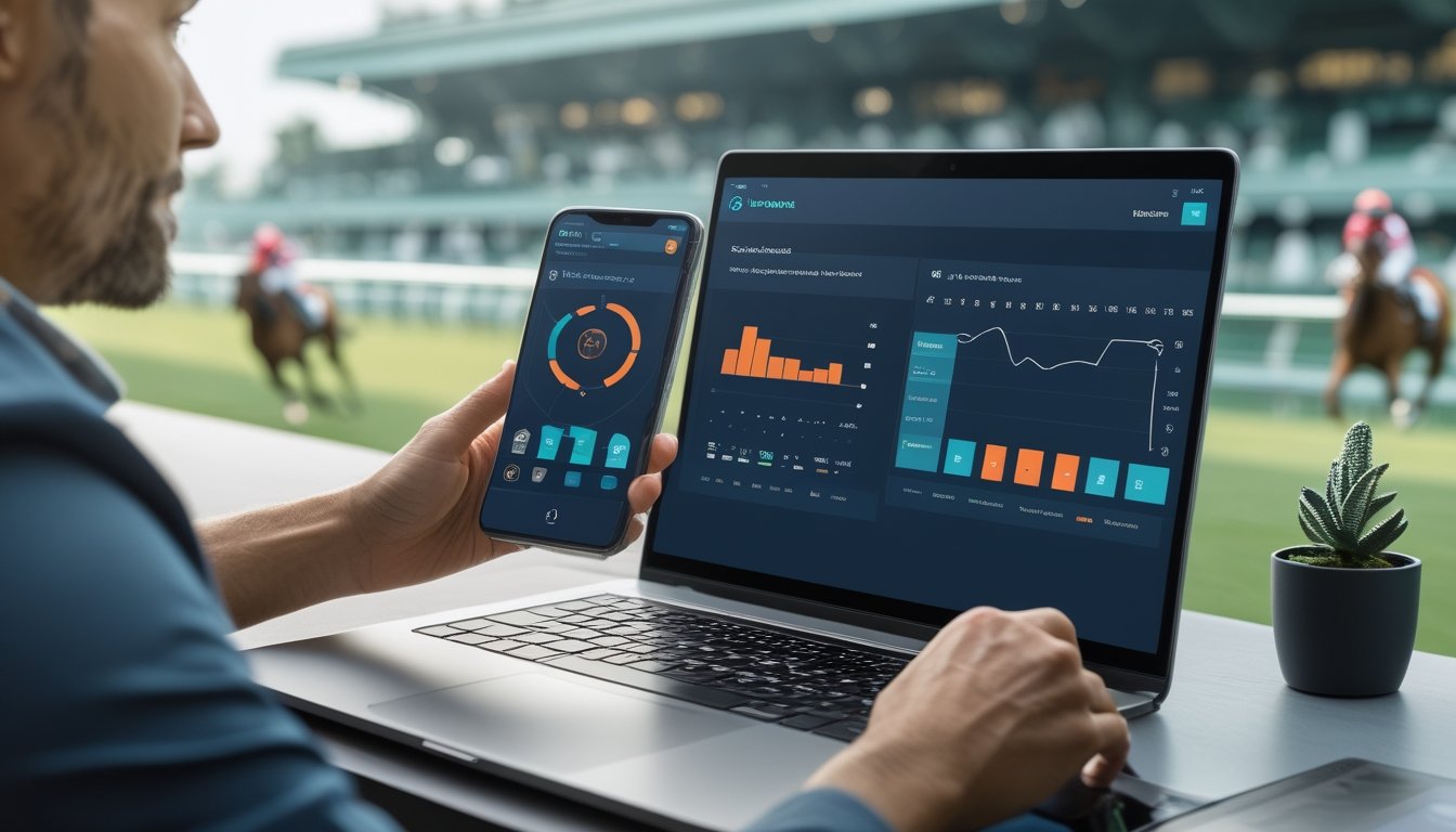 Pengguna membandingkan aplikasi balap kuda pada ponsel dan tablet di dekat arena pacuan kuda.