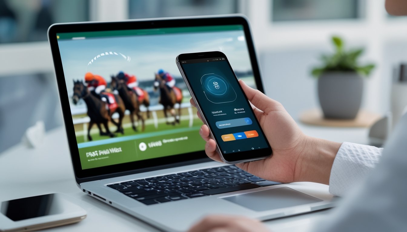 Seseorang menggunakan dompet digital di ponsel saat melihat balapan kuda di laptop.