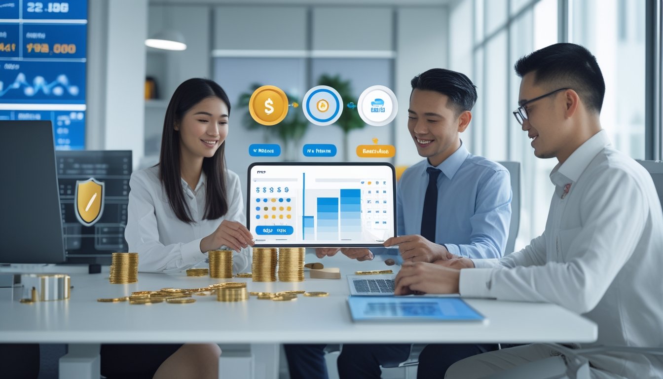 Tim profesional Indonesia meninjau dasbor digital dan simbol keamanan di kantor modern.
