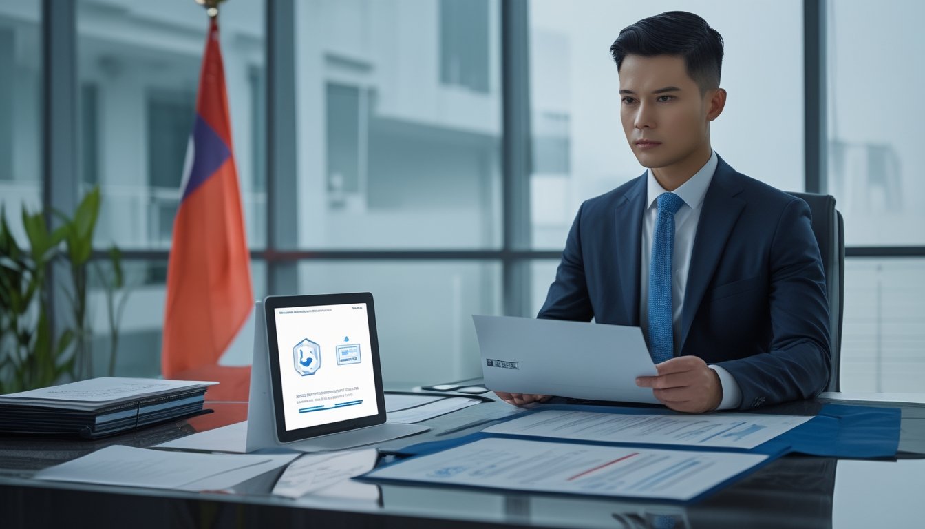 Seorang profesional meninjau dokumen kepatuhan di kantor dengan bendera Indonesia dan perangkat digital.