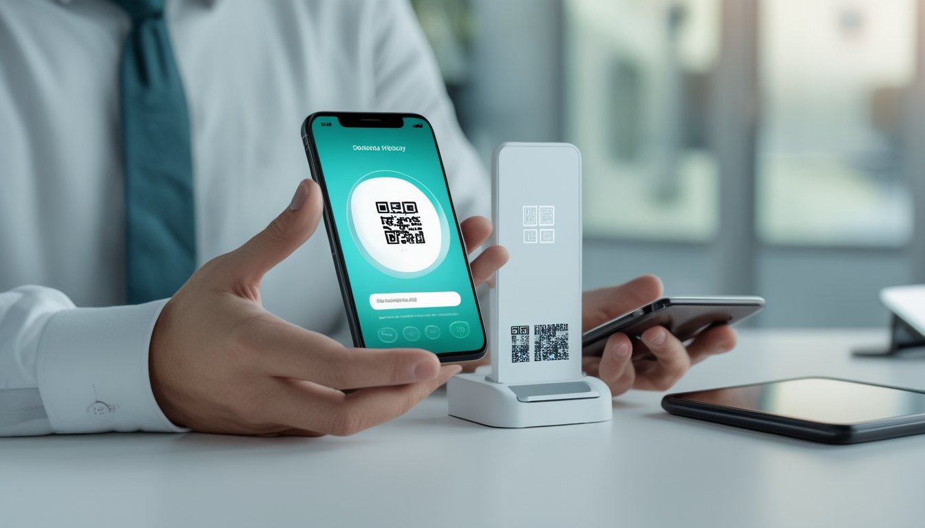 Seseorang menggunakan ponsel untuk melakukan pembayaran digital melalui kode QR di meja.