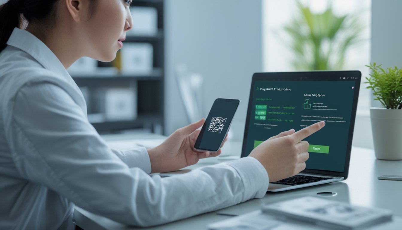 Seorang profesional memeriksa pembayaran digital melalui laptop dan ponsel di ruang kerja modern.