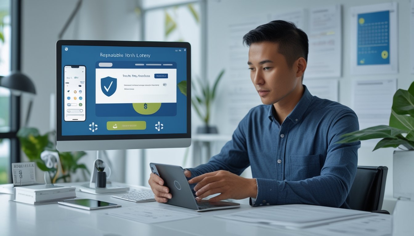 Seorang profesional memeriksa keamanan platform pembayaran digital di laptop dan ponsel.