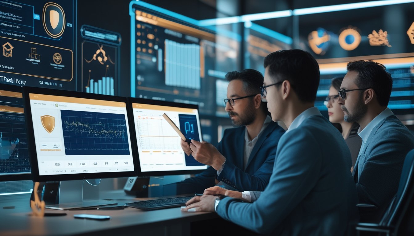 Tim analis dewasa meninjau grafik statistik dan prediksi angka pada monitor di ruang kerja modern.