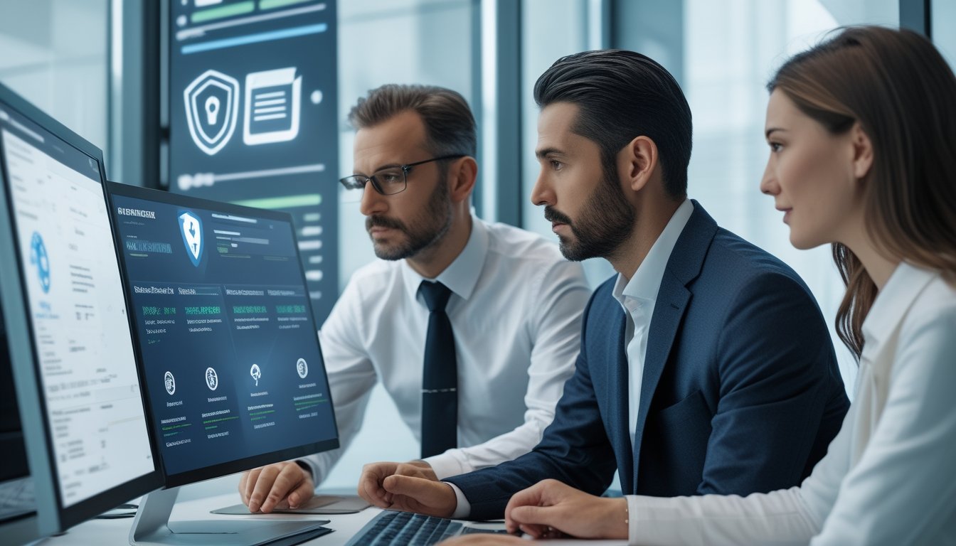 Tim profesional meninjau platform digital aman dengan grafik analisis dan simbol verifikasi di ruang kerja modern.