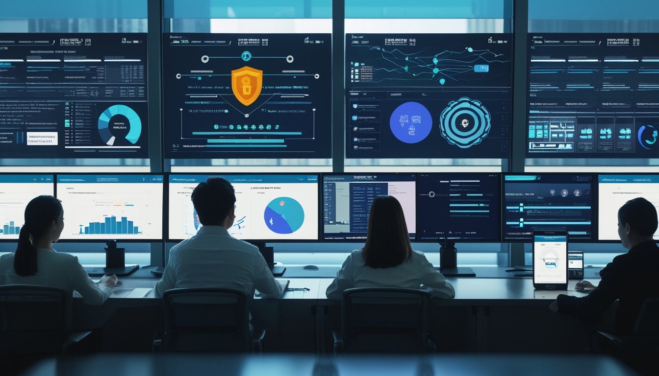 Analis keamanan memeriksa data perlindungan digital dan pencegahan penipuan di ruang kerja modern.